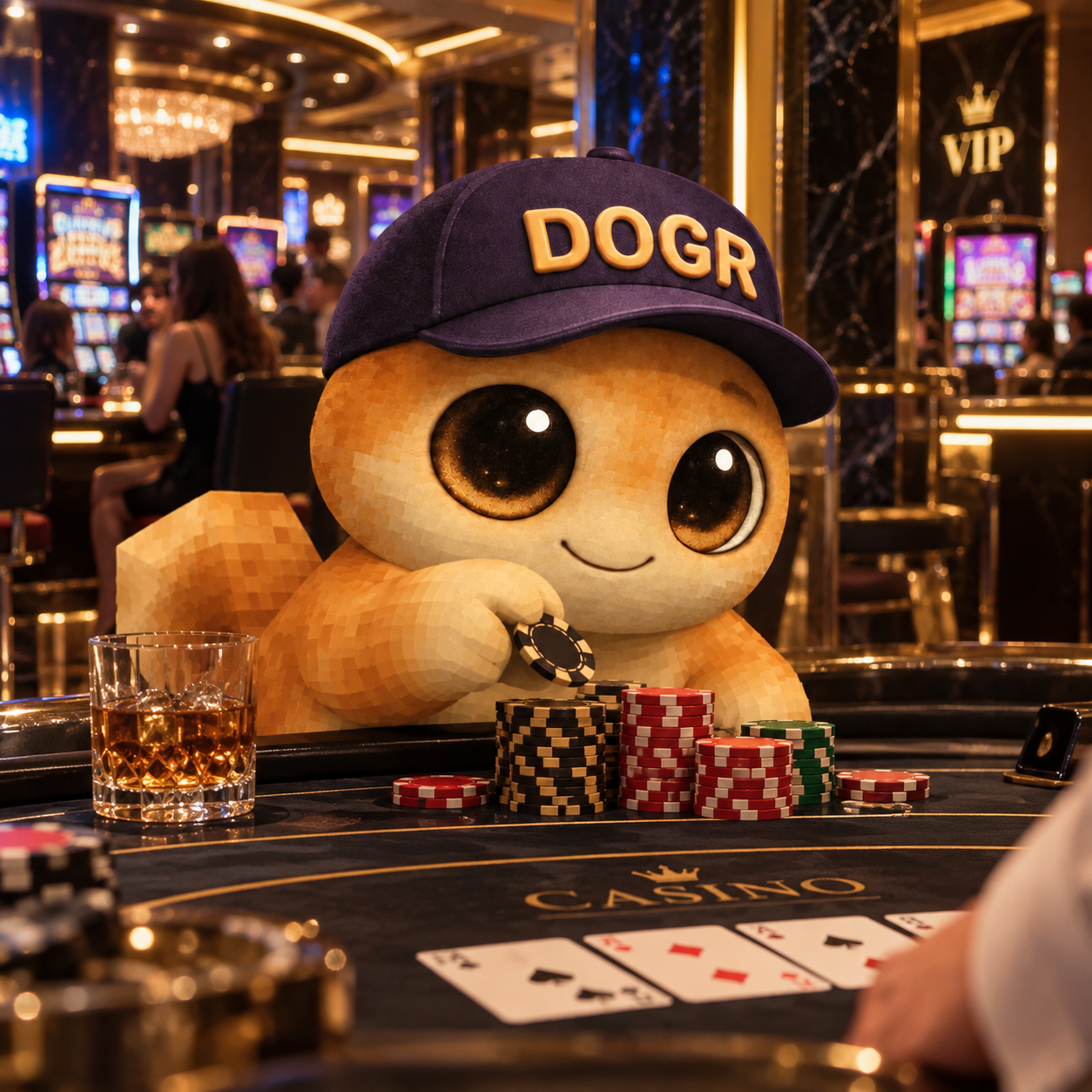 Doge Groklet holding a poker chip in a lavish casino