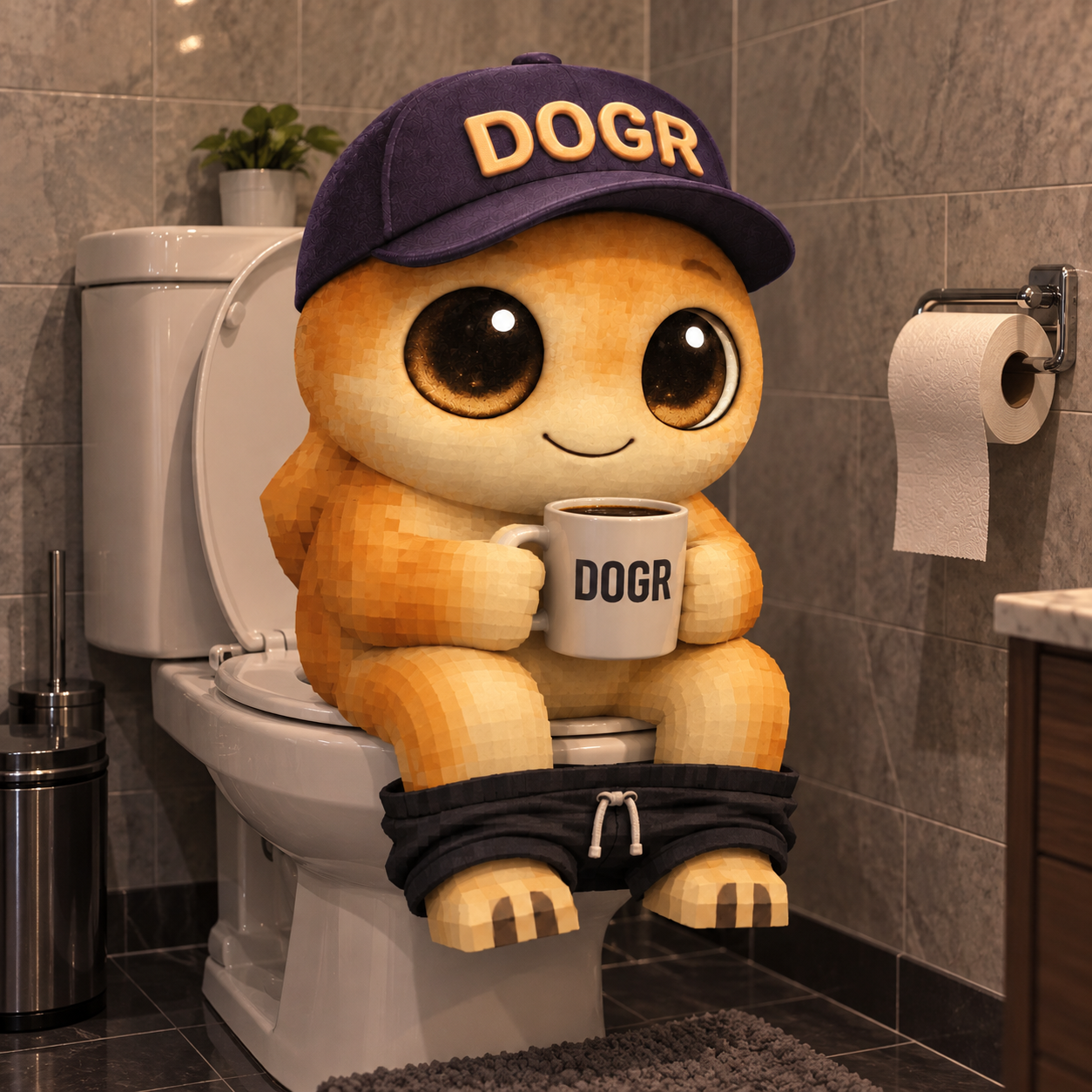 Doge Groklet drinking coffee while sitting on the toilet