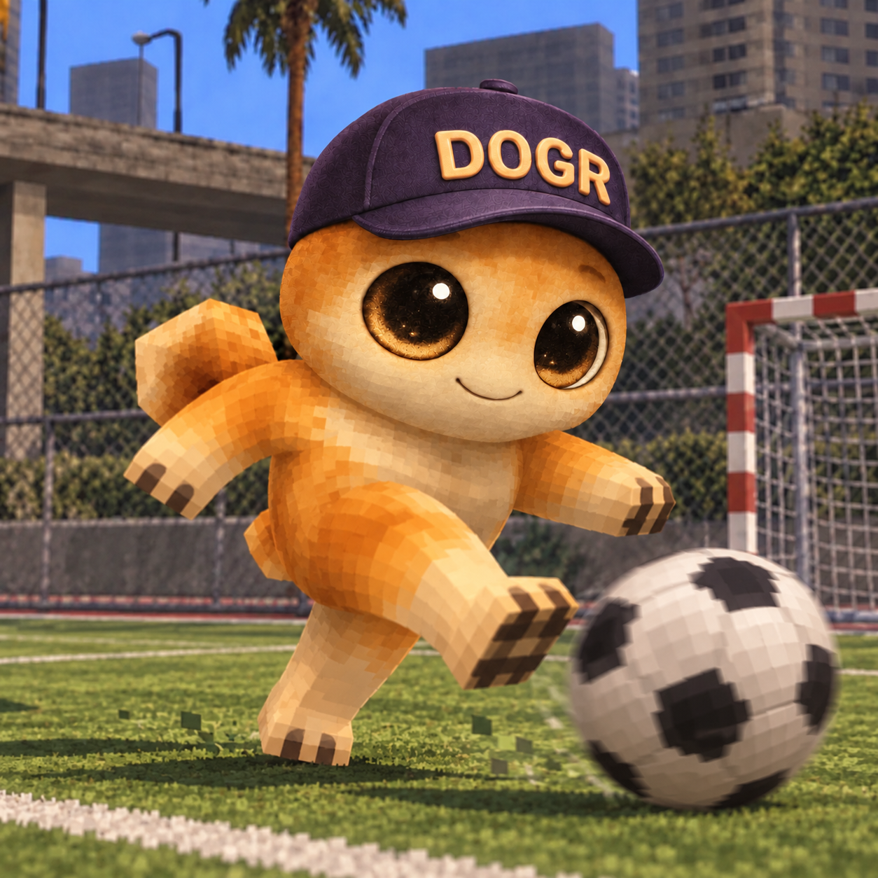 Doge Groklet kicking a football on a city pitch