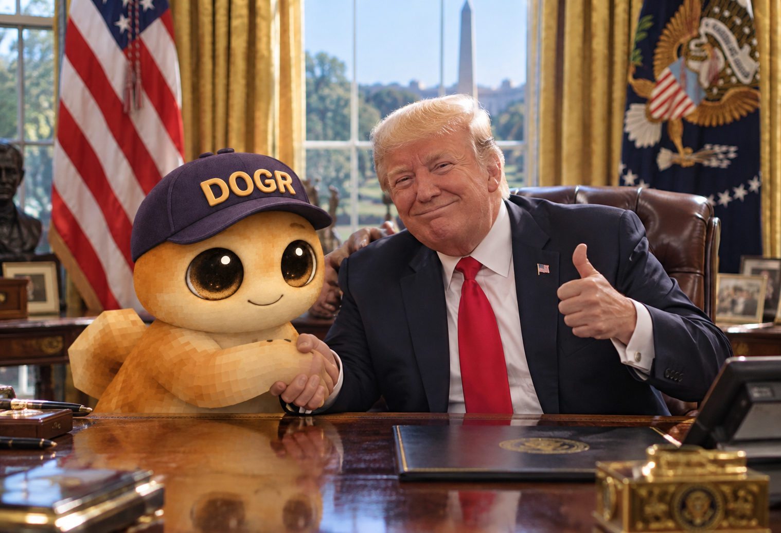 A fictional meme of Doge Groklet shaking hands with Donald Trump in the Oval Office