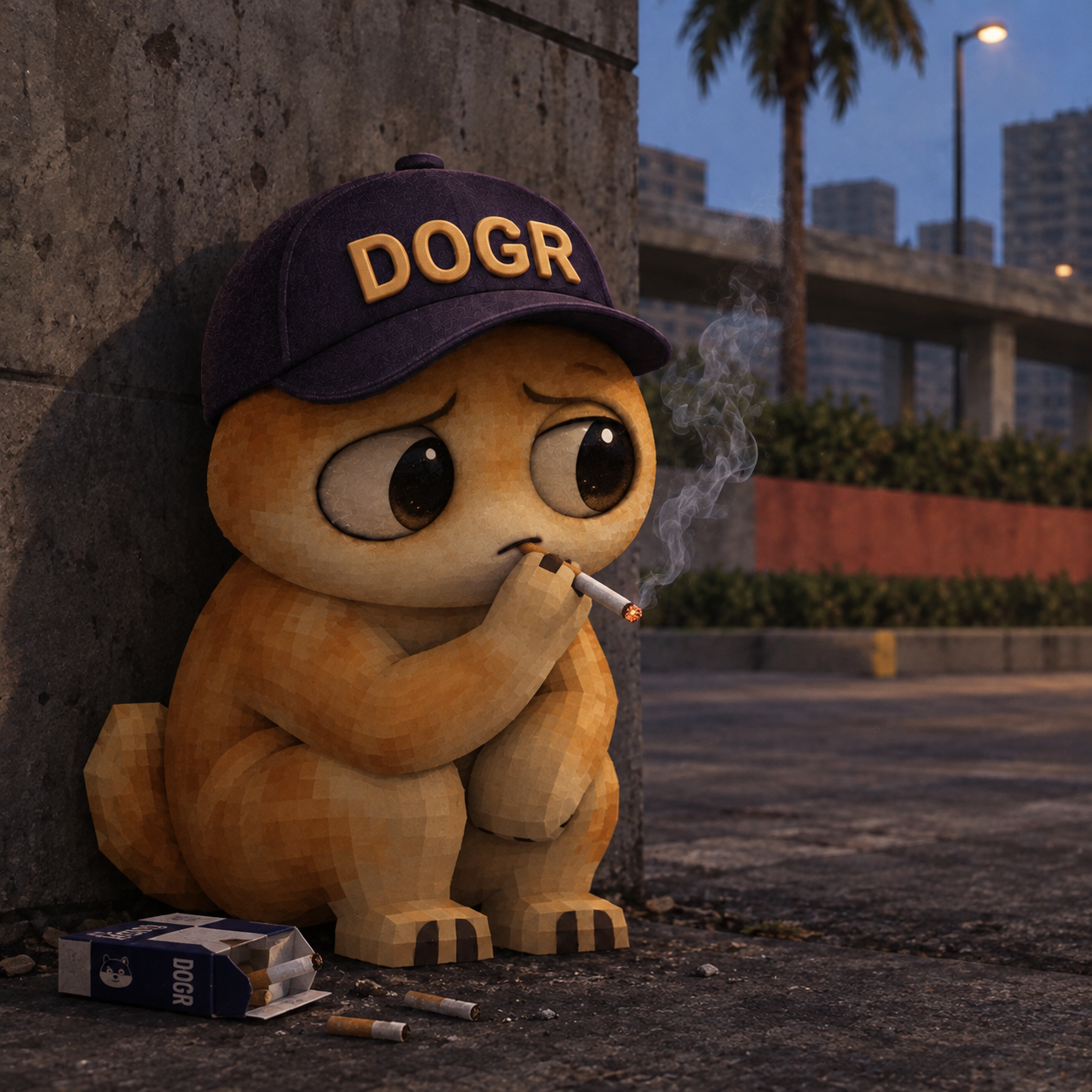 A melancholy Doge Groklet sitting on a city sidewalk