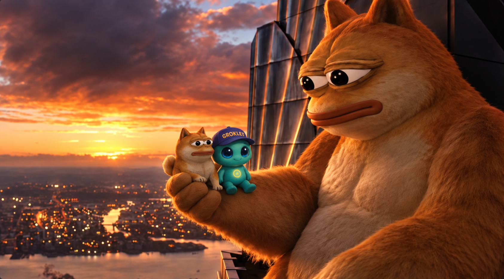 A giant Doge holding little Doge and Groklet as they watch the city sunset